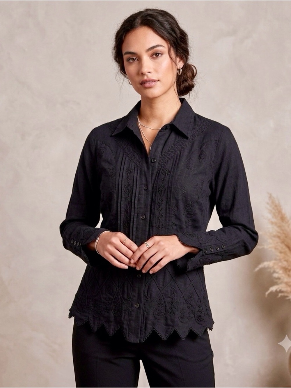 G. Designs / Boutique Black Embroidered Cotton Button-Up Top - Sz. M. - Peru